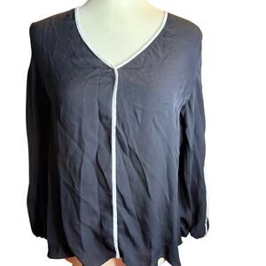 Kobi Halperin 100% Silk Piped Long Sleeve Blouse, Luxe Minimalist, Medium